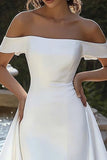 Ivoor Off the Shoulder High-Low trouwjurk met gedrapeerde sleep