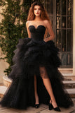 A Line Zwarte strapless gelaagde plus tule lange galajurk