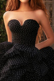 A Line Zwarte strapless gelaagde plus tule lange galajurk