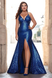 Zeemeermin Royal Blue Halter Pailletten Plus Lange Galajurk