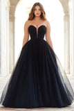 A Line Zwarte strapless geplooide plus tule lange galajurk