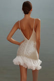 Witte Bodycon Spaghettibandjes Pailletten Korte Afstuderen Jurk