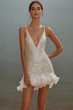 Witte Bodycon Spaghettibandjes Pailletten Korte Afstuderen Jurk