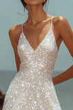 Sprankelende Bodycon pailletten Spaghettibandjes Ruches Kleine Witte Afstuderen Jurk