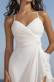 Witte Spaghetti Straples Ruched Gegolfde Graduatie Jurk met Split