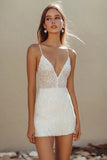 Sprankelende witte pailletten Bodycon spaghettibandjes afstudeerjurk