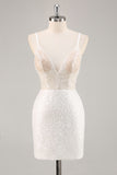Sprankelende witte pailletten Bodycon spaghettibandjes afstudeerjurk