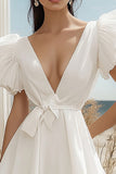 Off the Shoulder Diepe V-hals Gegolfde Mouwen A Line Afstuderen Jurk
