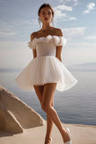 Off the Shoulder A Line Witte Pailletten Organza Afstuderen Jurk