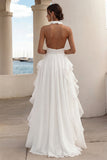 Witte A-lijn halter ruches lange formele jurk met hoge split