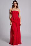 Rode gegolfde strapless A-lijn chiffon lange formele jurk