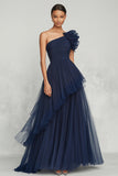 Marineblauwe Tule A Line One Shoulder Gerimpelde Formele Jurk