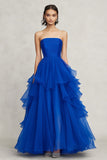 Chiffon Koningsblauwe Strapless Gegolfde A-lijn Formele Jurk