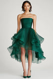 Donkergroene Organza A Line Strapless Ruches Korte Formele Jurk