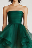 Donkergroene Organza A Line Strapless Ruches Korte Formele Jurk