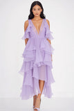 Diepe V-hals chiffon lila formele jurk met ruches