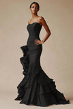 Zwarte strapless organza saitn ruches gegolfde zeemeermin formele jurk