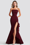Bordeauxrode zeemeermin strapless formele jurk met ruches en split