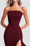 Bordeauxrode zeemeermin strapless formele jurk met ruches en split