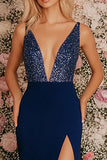 Donkerblauwe V-hals schede pailletten chiffon formele jurk