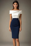 Wit en marineblauw off-shoulder bodycon formele jurk