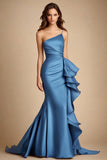 Blauwe One Shoulder Zeemeermin Lange Bruiloft Gast Jurk met Ruches