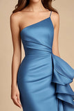 Blauwe One Shoulder Zeemeermin Lange Bruiloft Gast Jurk met Ruches