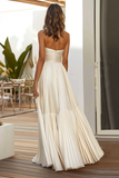 Champagne A Line Strapless Geplooide Lange Bruiloft Gast Jurk