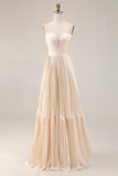 Champagne strapless A Line geplooide lange trouwjurk