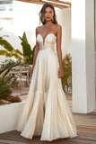 Champagne A Line Strapless Geplooide Lange Bruiloft Gast Jurk