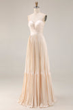 Champagne A Line Strapless Geplooide Lange Bruiloft Gast Jurk