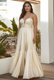 Champagne strapless A Line geplooide lange trouwjurk