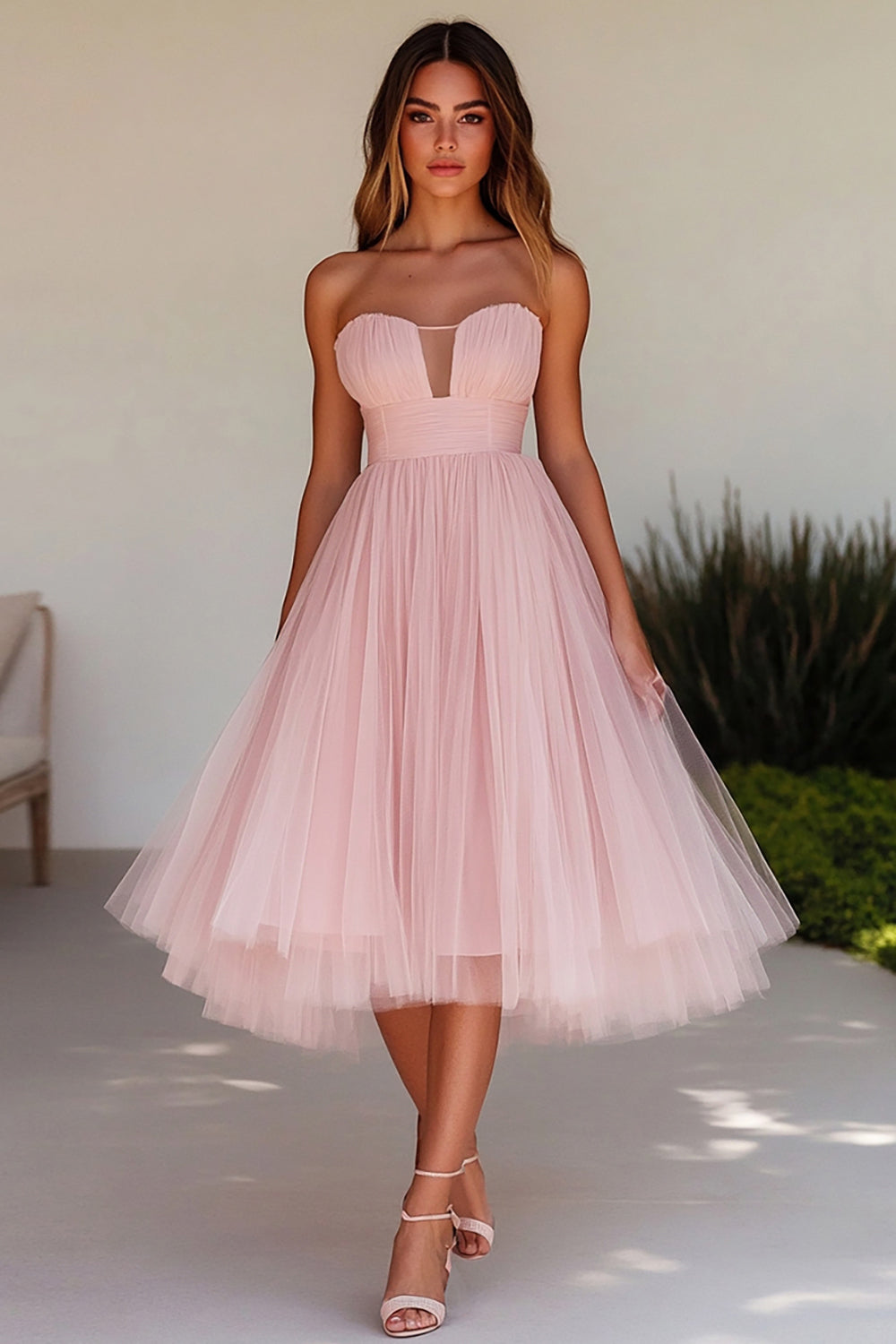 Roze A Line Strapless Tule Bruiloft Gast Jurk