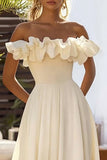 Narcis gegolfd van de schouder Chiffon lange bruiloft gast jurk
