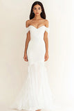 Off the shoulder zeemeermin witte lange trouwjurk