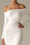Witte zeemeermin Off the Shoulder Lange Mouwen Gerimpelde Satijnen Lange Bruidsjurk