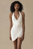 Halter Bodycon satijnen witte afstudeerjurk met ruches