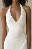 Halter Bodycon satijnen witte afstudeerjurk met ruches