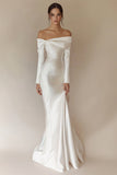 Witte Off The Shoulder Zeemeermin Trouwjurk met Lange Mouwen