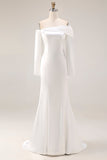 Witte zeemeermin off-the-shoulder trouwjurk met lange mouwen