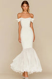 Witte Off The Shoulder Zeemeermin Satijn Chiffon Trouwjurk