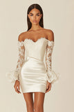 Witte Off The Shoulder Bodycon Kanten Afstuderen Jurk met Lange Mouwen