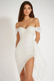 Sprankelende witte bodycon off the shoulder afstudeerjurk