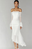 Witte Off The Shoulder Chiffon afstudeerjurk met lange mouwen