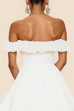 Wit Off The Shoulder A Line Ruches Afstuderen Jurk