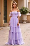 Lila Off the Shoulder Geplooide Gelaagde A Line Prom Jurk