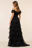 Chiffon zwarte gelaagde off-shoulder galajurk met split