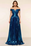 Off the shoulder geplooide pauw blauwe A Line galajurk
