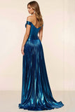 Off the shoulder geplooide pauw blauwe A Line galajurk