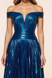 Off the shoulder geplooide pauw blauwe A Line galajurk